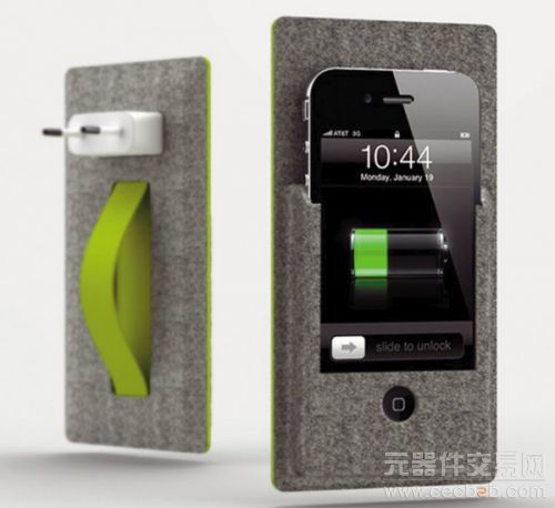 这是一款iPhone保护套和充电器结合的产品，采用材质柔软的羊毛毡作为外壳材料、壁挂式的充电方式。前壳镂空可以方便用户在充电的时候继续使用手机。整理：邵祎雯